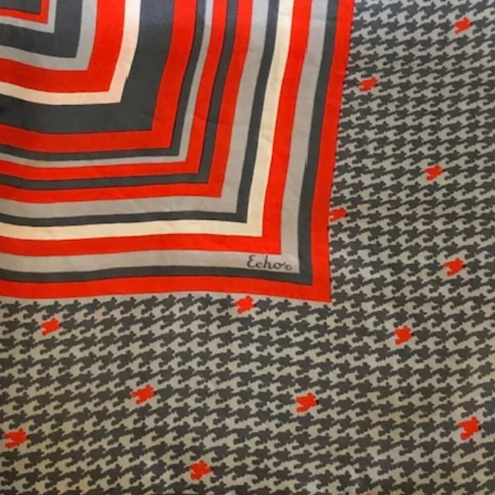 ECHO Silk Gray Red Square Scarf Vintage